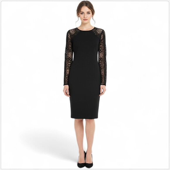 Alex Evenings Black Lace Illusion Bell Sleeves Jeweled Shift Dress New NWT 6 - Picture 1 of 9